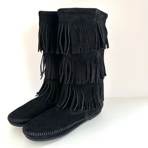 MINNETONKA SUEDE BLACK 3-LAYER FRINGE PULL-ON TALL BOOTS MOCCASINS EUC! Sz8 - Picture 5 of 12